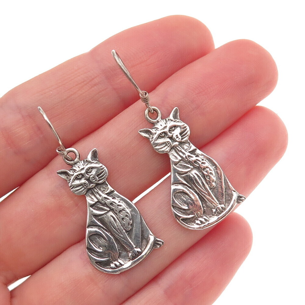 925 Sterling Silver Vintage Cat Oxidized Dangle Earrings